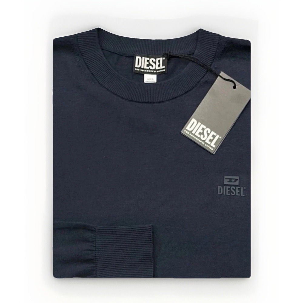 Diesel K-Freex Newprint Men XL Midnight Blue Pima Cotton Knit Pullover Sweater
